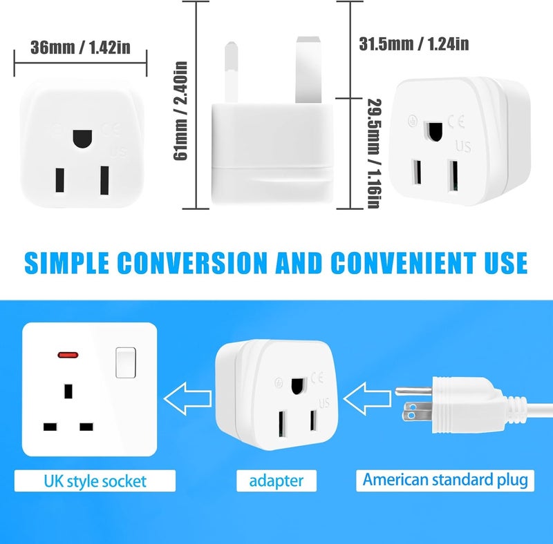 OFOAEEA US to UK Plug Adapter, 2 Pack Type G Travel Adaptor, UK Travel Plug Adapter, UK Power Adapter, Ireland Plug Adapter, for Scotland British London England Hong Kong Irish Ireland, White - Image 2